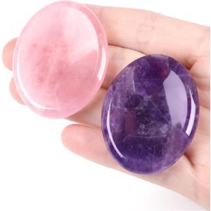 YATOJUZI Thumb Worry Stones for Anxiety Stress Relief Items Healing Crystals Natural Amethyst Rose Quartz Crystal Palm Pocket Stone Gemstones Meditation Reiki Spiritual Gifts for Women Men 2PCS (Oval)