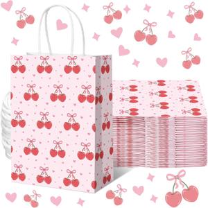 Kolldenn 16 Pcs Coquette Cherry Bow Paper Gift Bags Women Valentine Galentine Birthday Favor Goodie Candy Bags with Handles for Bridal Engagement Baby Shower Party Supplies (Pink)