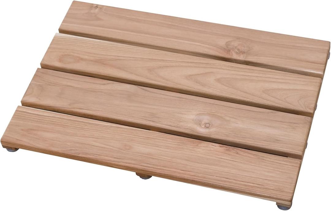 Teak Shower Mat, (24"x17") Wood Bath Mat for Bathroom, Heavy Outdoor Non-Slip Wooden Floor Mats for Spa or Sauna