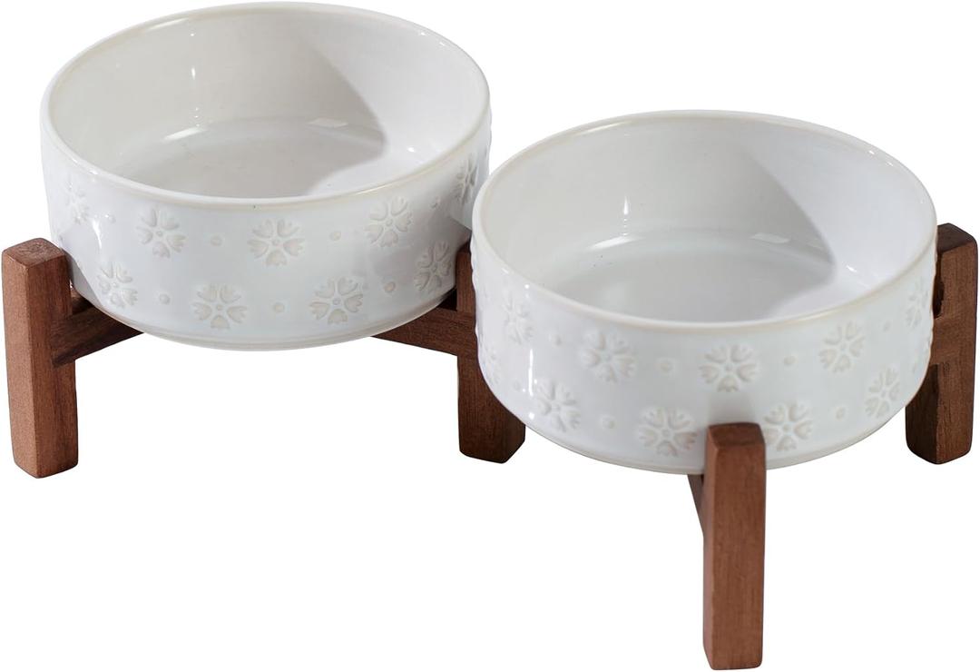 Havniva 5.1" Elevated Dog Bowls Ceramic Raised Dog Bowl with Non-Slip Stand (Acacia Wood) Two Height Options, Dog Food & Water Bowl for Small Breed Dogs Puppy - 1.6 Cups 13.5 oz