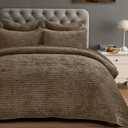 PHF Luxury Velvet Quilt Set Queen Size – 3PCS Ultra Soft Quilted Comforter Alternative with Striped Channel, Cozy Quilted Bedspread, 1 Coverlet with 2 Matching Shams, 90" x 92", Oxford Tan