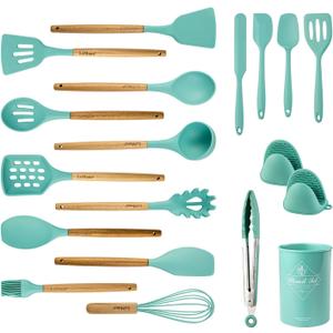 Cooking Utensils Set, 18pcs Kitchen Silicone Utensils, Heat Resistant Non Toxic & BPA-Free with Holder & Wooden Handle, Home Essential Accessories, Teal(Turquoise), Medium