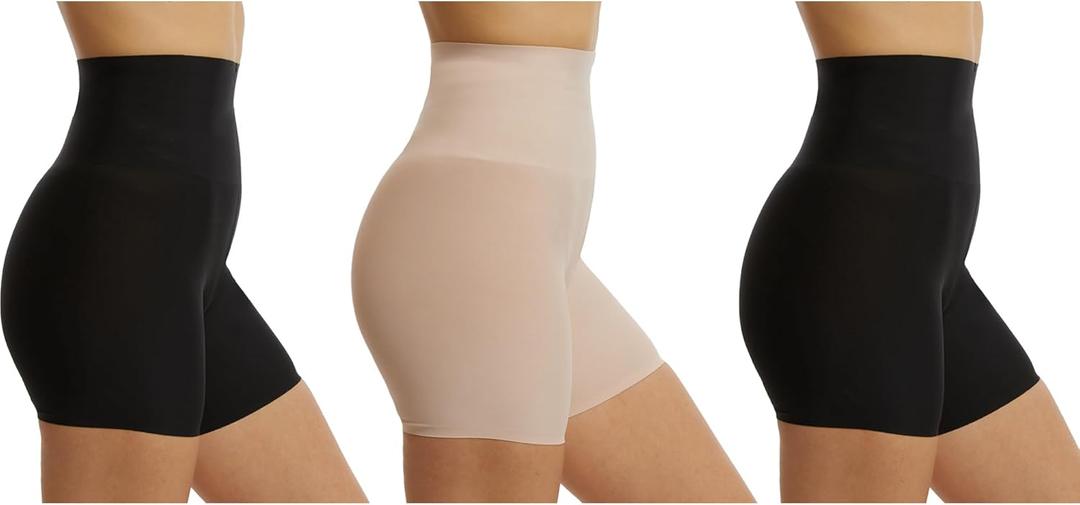 Skinnygirl Women's High Waist Tummy and Thigh Shapewear Shorts, 3-Pack (Large, Black/Ondine Blush/Black)