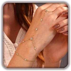 Listine Hand Chain Bracelet 14K Gold Plated Ring Bracelet Hand Chain Trendy Stuff for Women Dainty Hand Bracelets with Finger Ring Hand Jewelry for Women