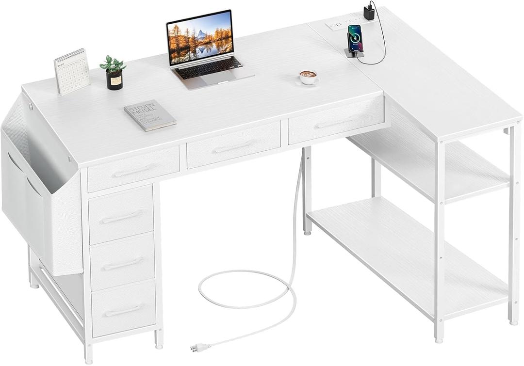 Lufeiya White L Shaped Desk with Drawers - 48 Inch Corner Computer Desk with Shelves Storage, Reversible L-Shaped PC Desks with Power Outlet for Home Office, Bed Room, Writing Workstation