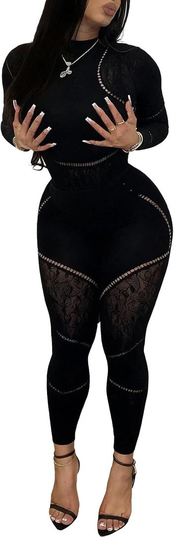 WEICHUJIAN Women Sexy Mesh 2 Piece Outfits Hollow Long Sleeve See Through Jumpsuit Club Party Bodysuit and Legging Set Large-X-Large, Black