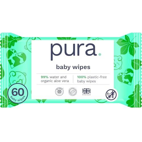 Pura Natural Sensitive Baby Wipes, 99% Water, Unscented & Hypoallergenic, Suitable for Sensitive & Eczema-prone Skin, Fragrance Free & Hypoallergenic, EWG Verified, 1 Pack of 60 Wet Wipes