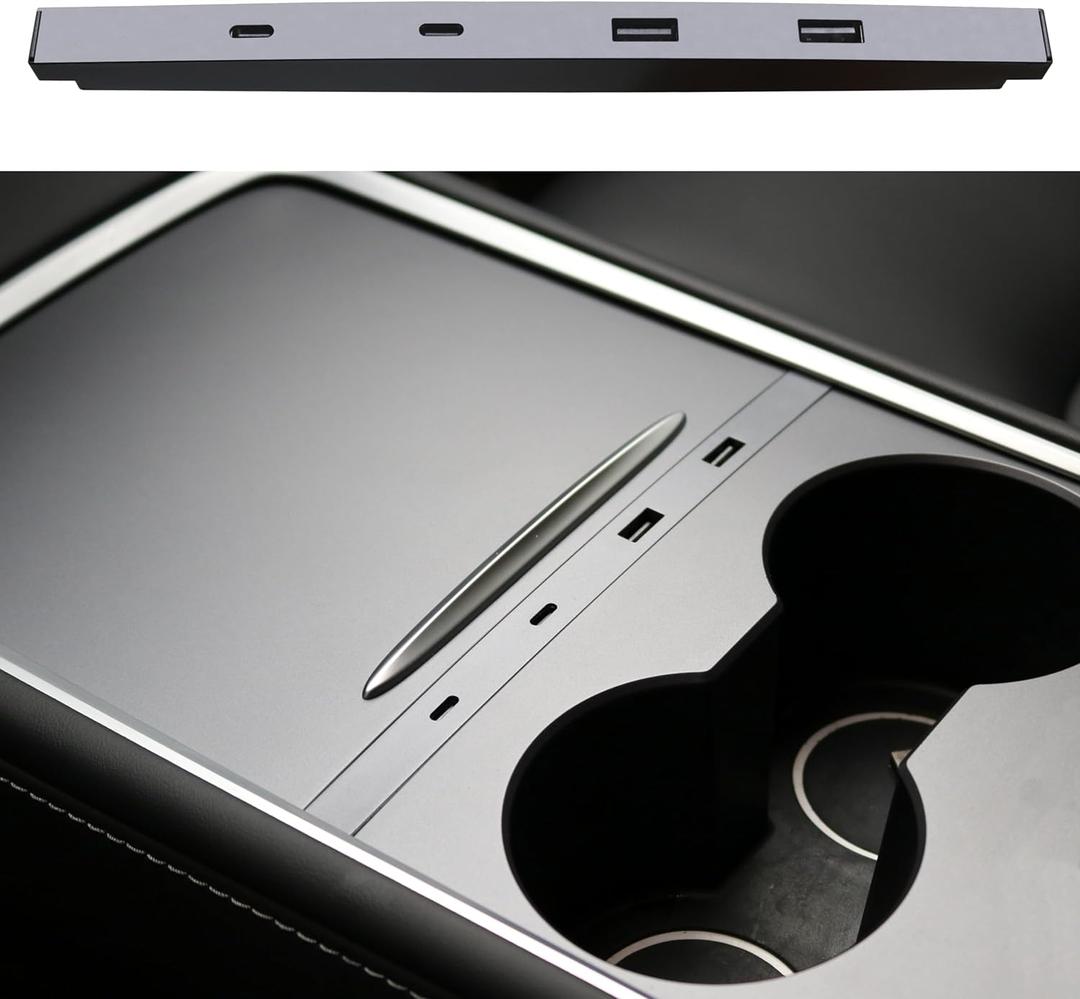 Car USB Hub Charger for Tesla Center Console with Fast Charging Retractable Cables Phone Charger Docking Station Accessories(Model 3 2021-2023 & Model Y 2021-2024)