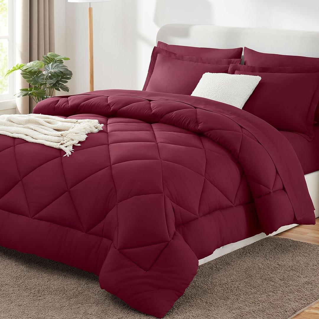 CozyLux Queen Comforter Set Burgundy - Bed in a Bag Queen Size 7 Pieces, Luxury Soft Bed Set for All Seasons, Bedding Set with Down Alternative Comforter, Sheets, Pillowcases & Shams, Red