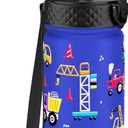 GOPPUS Kids Water Bottle (Straw Lid) - 14 Oz Stainless Steel Travel Bottle, Double Wall Vacuum Leak Proof Kids Cup for School Boys Girls,Blue Engineering car