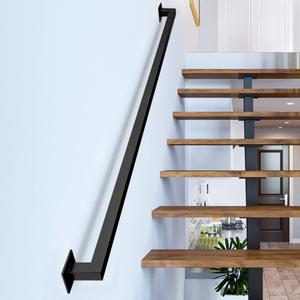 2FT Black Iron Hand Railing, Sturdy Safety Staircase Handrails Wall Mount, 500lbs Load Capacity Industrial Iron Railing Pipe Handrail for Indoor Stairs Outdoor Deck Loft Porch, Non-Slip and Rust