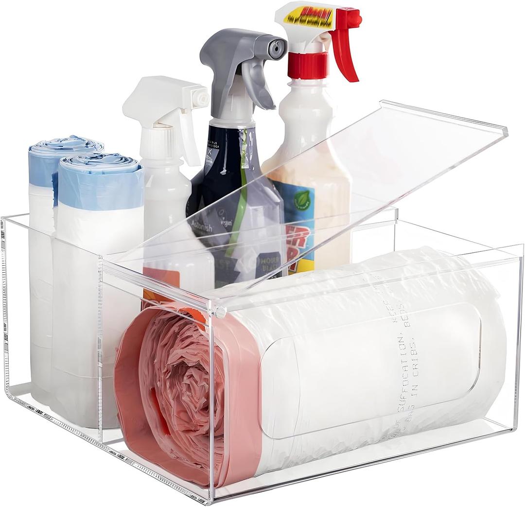Acrylic Trash Bag Holder Dispenser Kitchen and Bathroom Organizers and Storage - Large Garbage Bag Dispenser Under Sink - Clear Laundry Room Organization with Lid