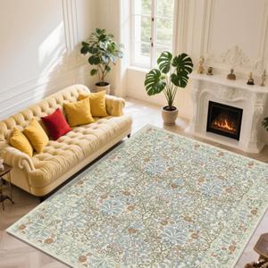 Vintage Beige Blue Living Room Rug, 9x12 Washable Area Rugs for Dining Room Under Table, Soft Low Pile Large Carpet Bedroom, Non-Slip Boho Floral (9 x 12 Beige Blue)