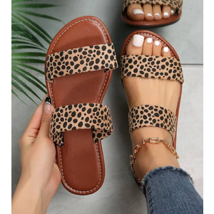 Plus Size Women's Leopard Print Open Toe Comfortable Flat Leather Slip-On Sandals, Stylish Casual Outdoor Beach Shoes For Summer, Size 8