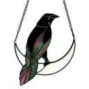 Stained Glass Crow on Moon Decor Window Hangings Ornament, Gothic Raven Suncatcher Halloween Decorations, Handmade Crow Birds Gifts Sun Catchers Indoor Window Home Decor.