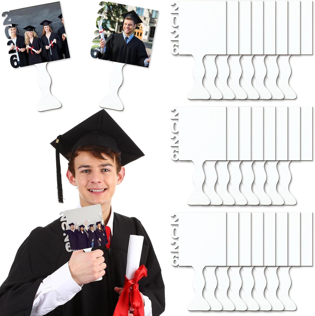 DoubleFill 24 Pcs Graduation Sublimation Blanks 2026 Grad Fans Sublimation Class of 2026 Photo Frame 4 x 7 Handheld Fan Shaped Picture Frame for Grad Gifts Desk Home Middle High School College