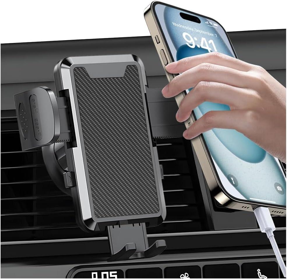 Car Phone Holder, Rotatable Vehicle Air Vent Cellphone Mount Clip, Shockproof Automotive Interior Hands Free Clamp Phone Cradle Accessories, Universal for Most Smartphone (Carbon Fiber Black)