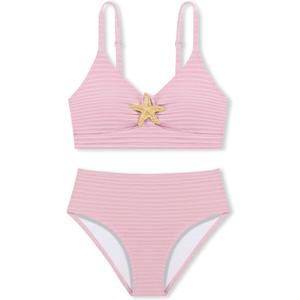 Girls Swimsuit 2 Piece Bikini Sets V Neck High Waisted Textured Ruched Solid Chest Padded Beach Bathing Suits, Size: 11-12 Years