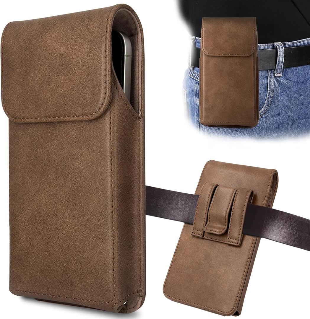 Holster for iPhone 16, 16 Pro, iPhone 15, 15 Pro, 14, 14 Pro, 13, 13 Pro, 12, 12 Pro, 11, Galaxy S25, S24, S23, Premium Leather Pouch with Belt Clip Phone Holster Belt Case, Light Brown -M