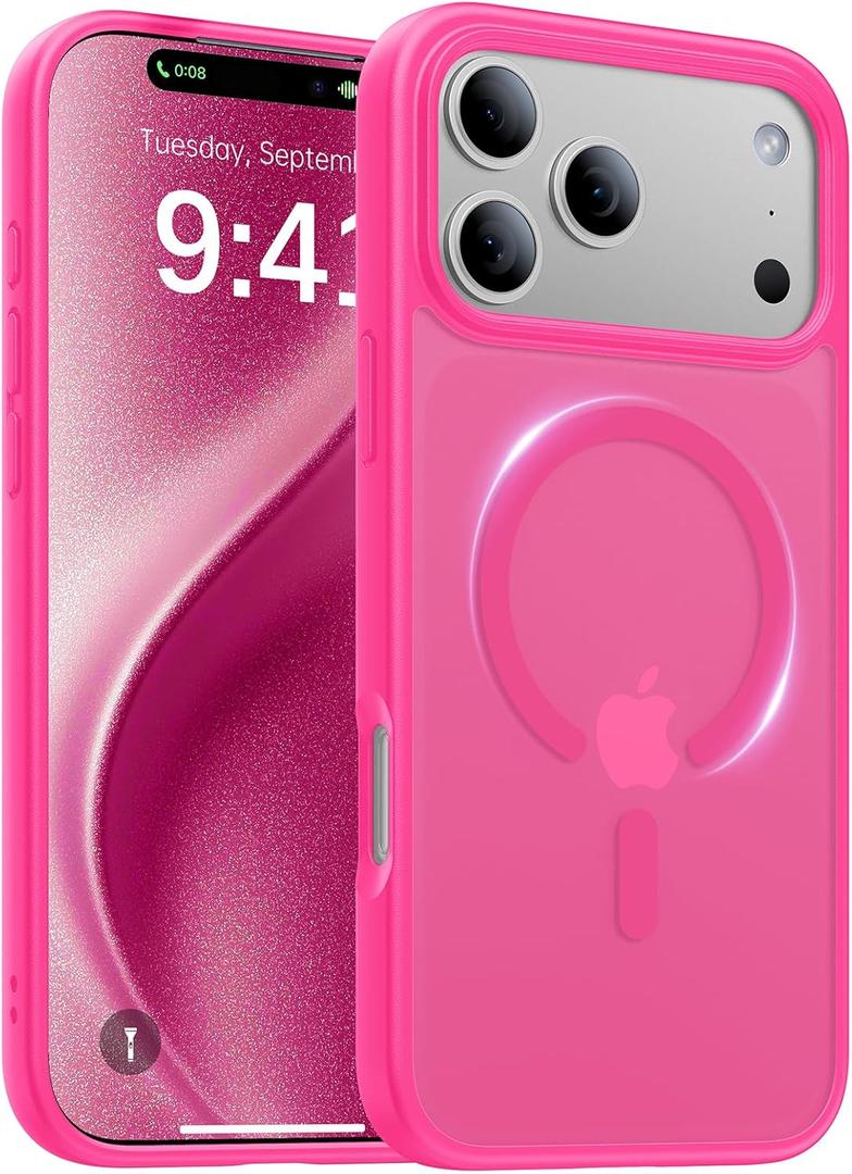 4 x Magnetic for iPhone 17 Pro Case,[Anti-Slip][Compatible with MagSafe][Military Grade Drop Protection] Shockproof Protective Translucent Matte Phone Case for iPhone 17 Pro Case,Hot Pink
