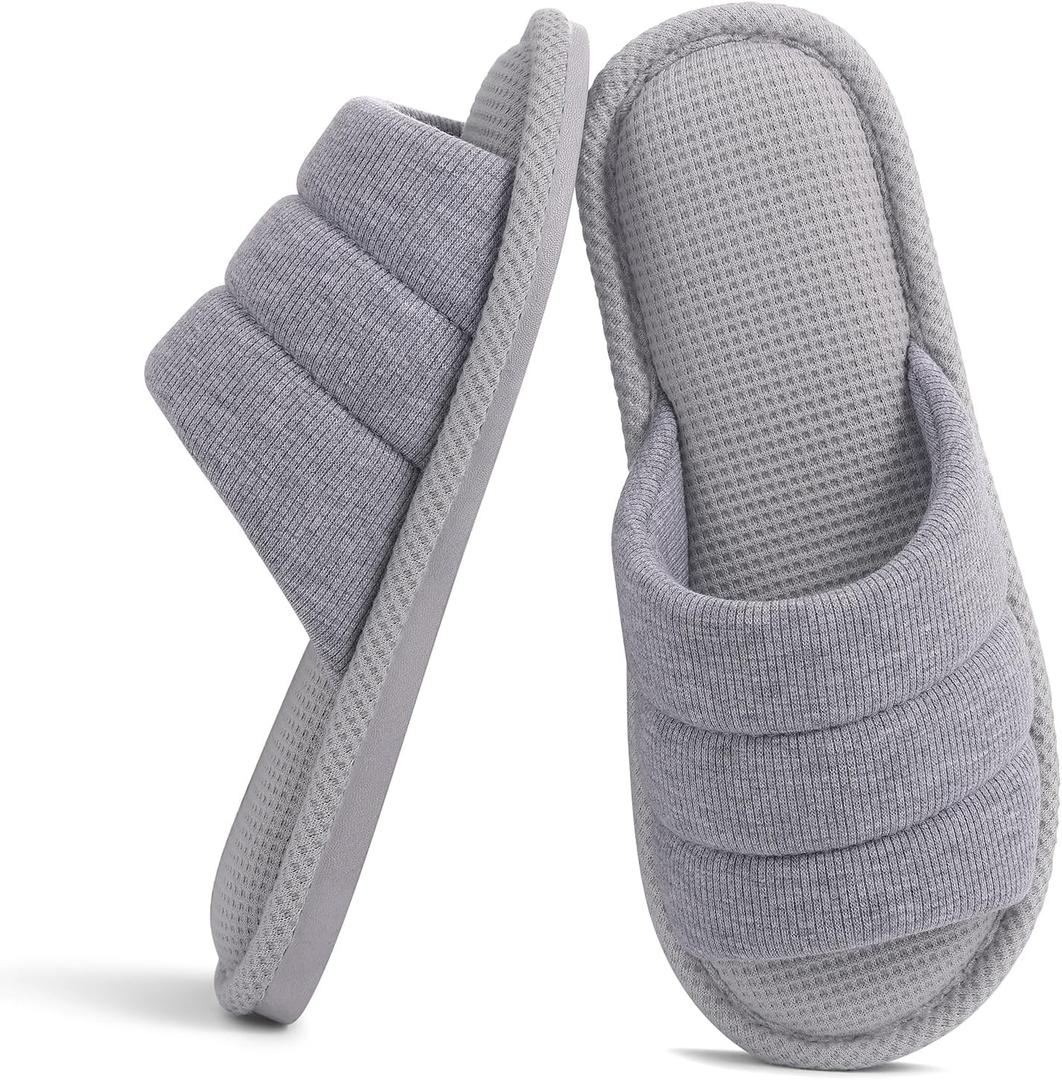 Shevalues Summer House Slippers for Women Men Breathable Waffle Indoor Slippers Slip-on Open Toe Home Shoes 6-7 Women/4.5-5.5 Men, Grey