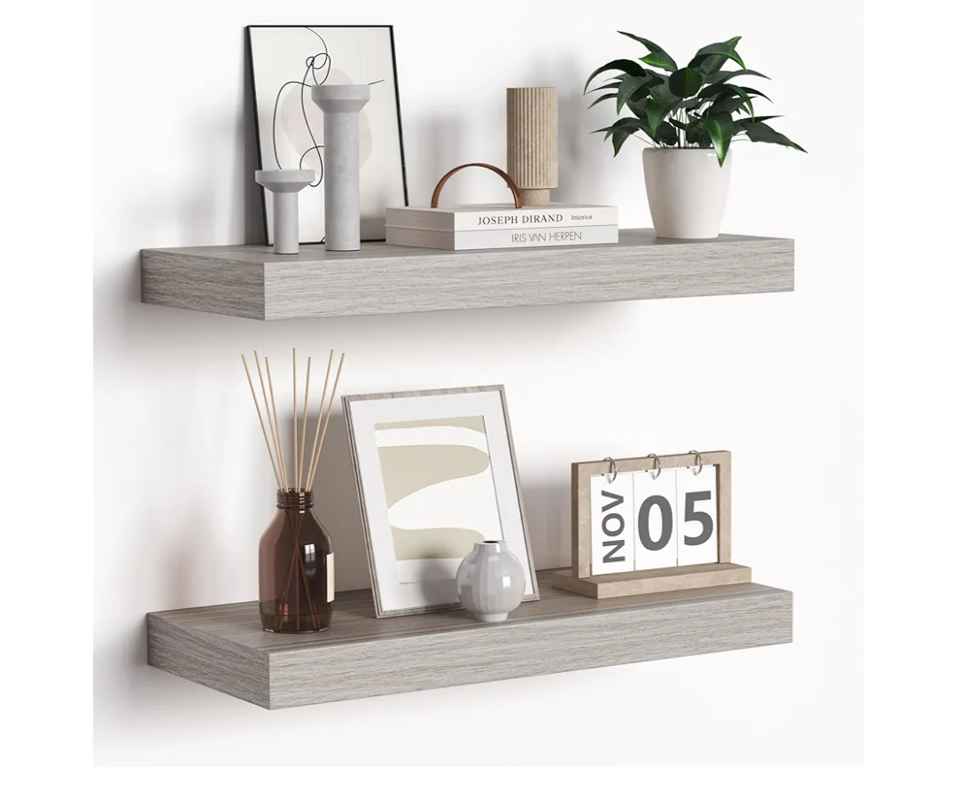 Floating Shelves - Rustic Grey Storage Shelf Set of 2 - 16 Inch Wall Mounted Shelves for Wall Decor & Storage - Wooden Shelves with Invisible Brackets for Living Room, Bedroom, Kitchen, Farmhouse