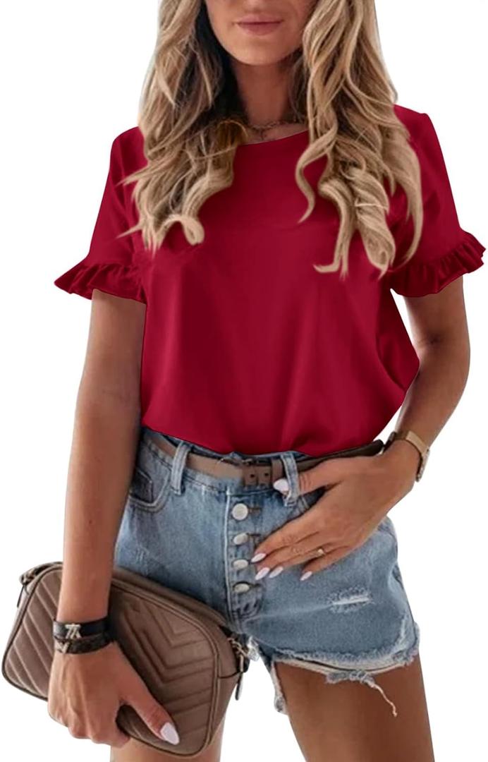 PRETTYGARDEN Women's Short Sleeve Casual T Shirts Summer Ruffle Plain Round Neck Loose Fit Tee Blouse Tops, Large