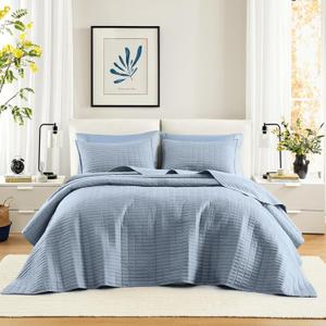 Comfort Spaces Blue Oversized Queen Quilt Set 102"x118" Bedspread Quilted Summer Lightweight Microfiber Bedding Coverlet with Double Sided Stitching Soft All Season Cozy 3 Piece with Matching Shams