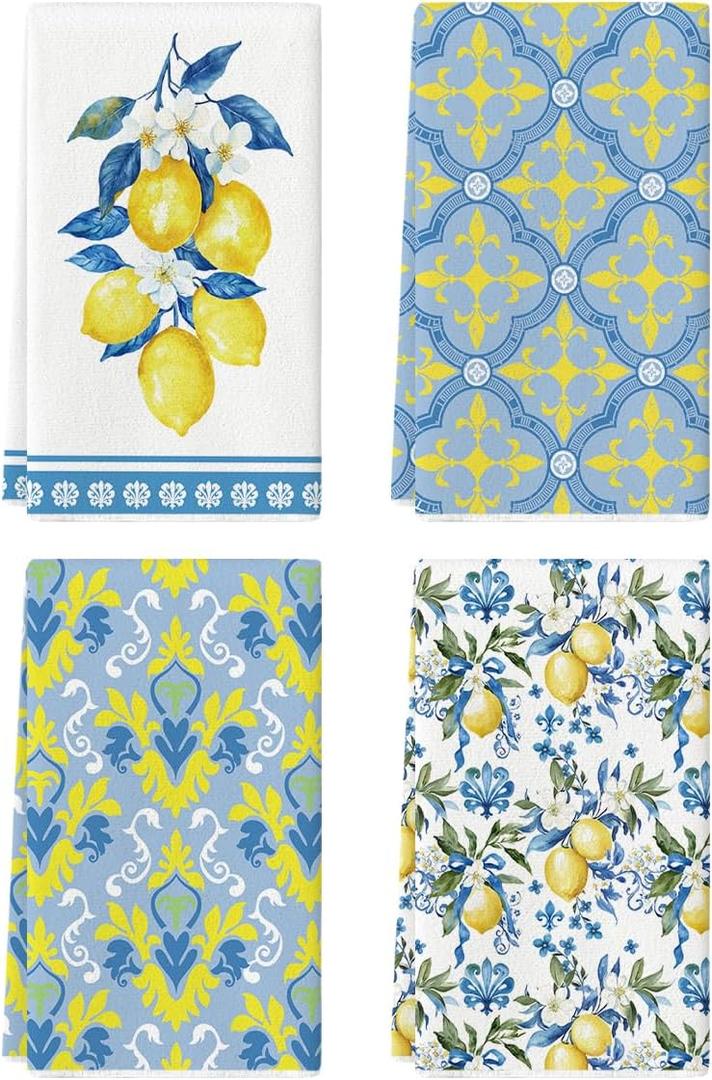 Artoid Mode Lemon Flowers Floral Summer Kitchen Towels Dish Towels, 18x26 Inch Hello Sunshine Seasonal Decoration Hand Towels Set of 4