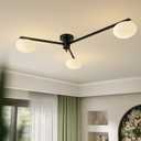 3-Light Modern Sputnik Chandelier with Milk Glass Shade - Black Flush Mount Ceiling Light for Kitchen