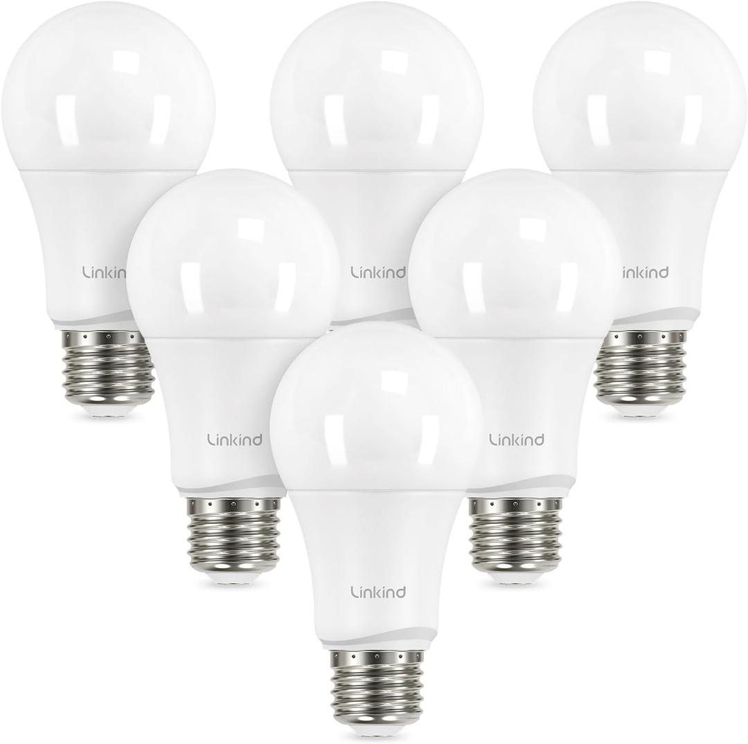 Linkind A19 LED Light Bulbs Dimmable, 75W Equivalent, E26 Base, 5000K Daylight, 13W 1150 Lumens 120V, UL Listed FCC Certified, LED Lights for Bedroom Living Room Home Office, 6 Packs