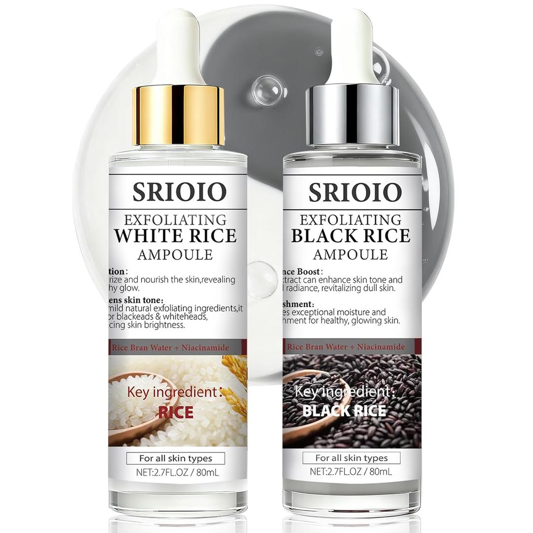 Black and White Rice Exfoliation Essence, Rice Peel Shot, 2 PCS White & Black Rice Facial Serum, Deep Cleansing to Remove Dead Skin Cells, Minimize pores suitable for All Skin Types