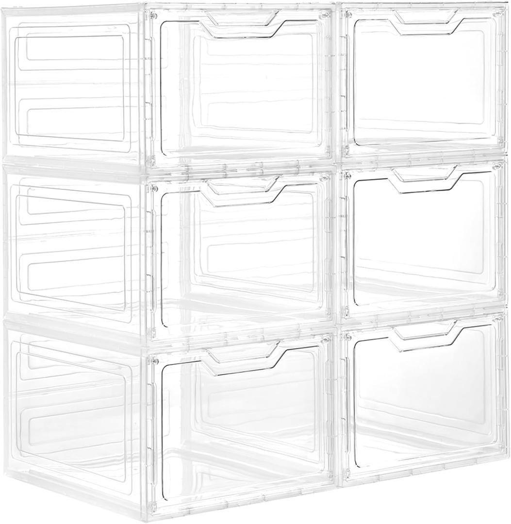 Storage Bins with Lids 6 Pack Clear Stackable Plastic Closet Organizers Containers w/Magnetic Door Box for Wardrobe Bedroom Office Dorm