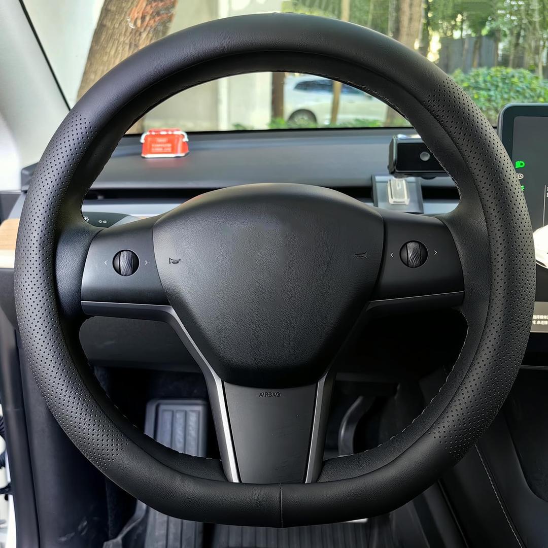 XHRING D-Shaped Car Steering Wheel Cover for Tesla Model Y Model 3 2016-2025 2026 Juniper/Highland Accessories, Non-Slip Leather Steering Wheel Protector for Model 3/Y, Black
