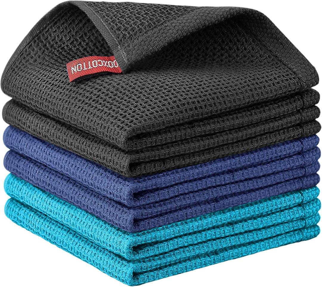 Nialnant 6 Pack Kitchen Towels, 100% Cotton Dish Cloth for Washing Dishes, Absorbent Quick Drying Dish Rags, Multipurpose Cleaning Rags-12x12 Inches (Black+navy Blue+blue)