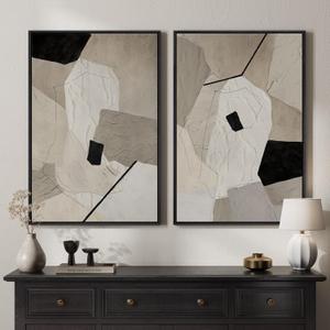 Framed Neutral Beige and Black Abstract Wall Art for Living Room, Set of 2 Modern Minimalist Canvas Artwork for Walls, Large Geometric Pictures Prints for Bedroom Office Hallway Wall Decor, 24x36 Inch