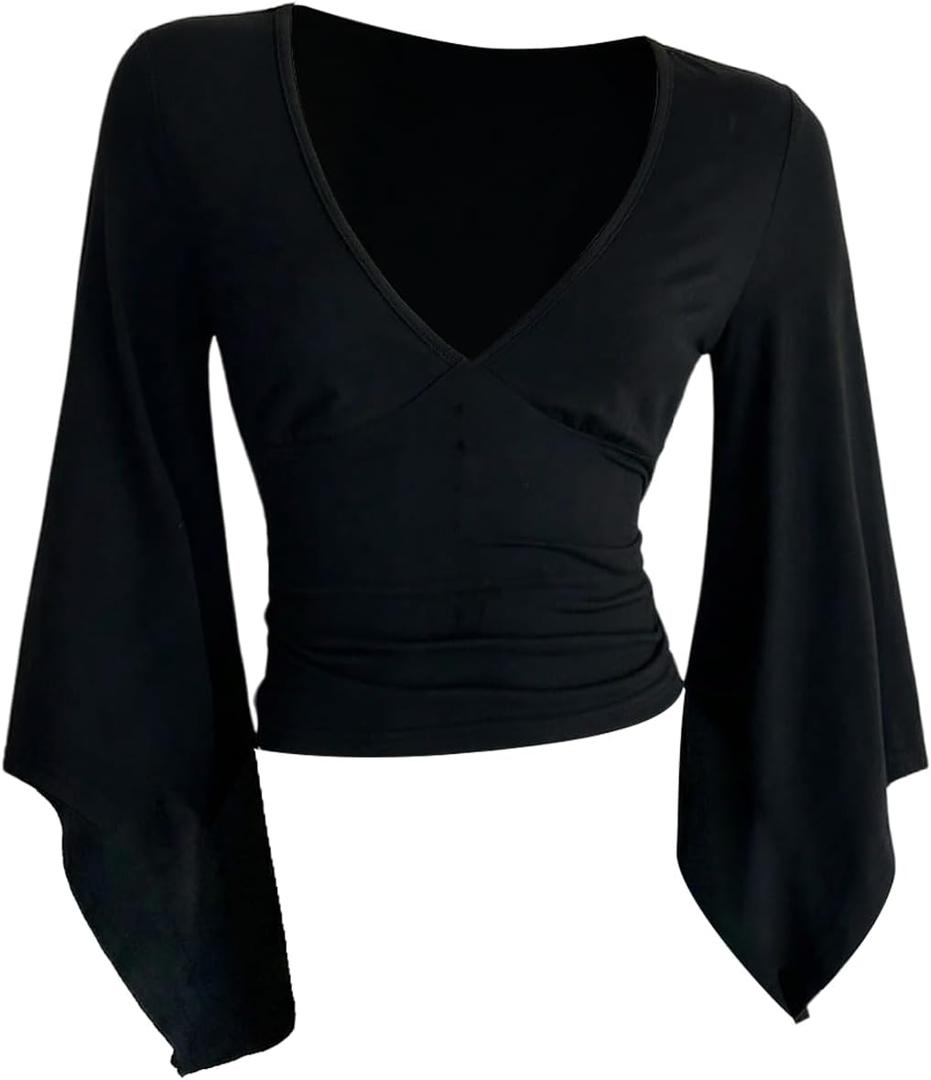 BEAUDRM Women's Y2k Tops Cinched Waist Bell Sleeve Top Deep V Neck Ruched Fitted Rave Party Tee Tops (Black, M)