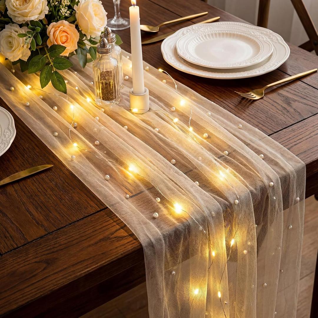Breling 120 Inch White Pearl Tulle Table Runner with LED Lights Tulle Wedding Table Runners Decor Beige Sheer Tablecloth Runner for Wedding Birthday Baby Shower Holiday Party Decorations