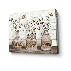 Parylore Farmhouse Bathroom Decor Wall Art Cotton Flower Picture Wall Decor Rustic Mason Jar Farmhouse Style Painting Framed Modern Artwork For Living Room Bedroom Bathroom Office Home Decor 16x20 In 