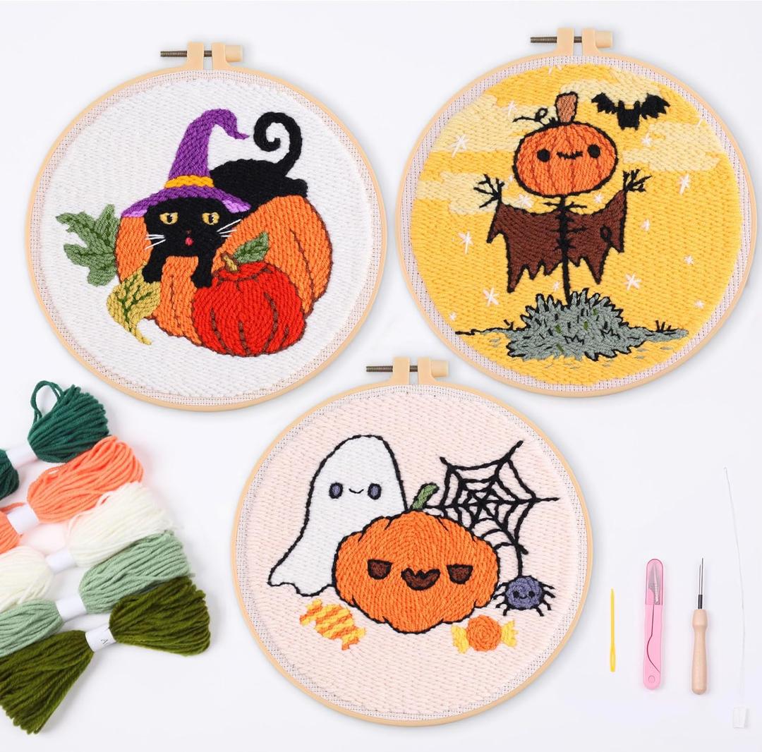 Harimauu Harimau 3P Punch Needle Embroidery Starter Kits for Beginner Kids,Punch Needle Fabric with Pattern,Threader, Yarns,Pinch Needle, Embroidery Hoops & Rug Punch (Yellow)