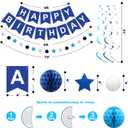 meowtastic Birthday Decorations, Happy Birthday Banner with Honeycomb Balls, Stars Hanging Swirl Streamers, Circle Dots Garland, Happy Birthday Party Decorations for Women Men Boys Girls (Blue)