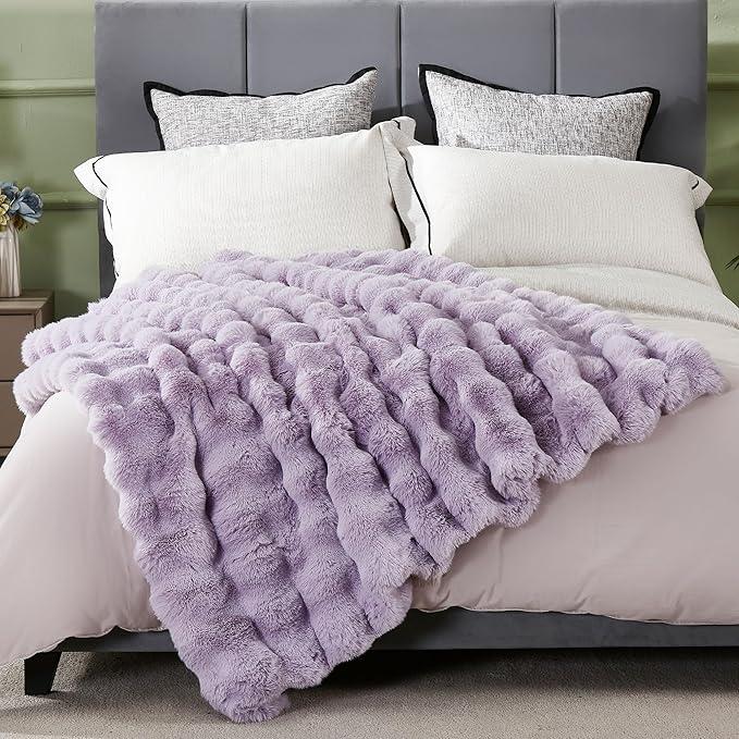DREAMNINE Oversized Soft Thick Fuzzy Faux Rabbit Fur Throw Blanket Twin Size 60" x 71", Double Sided Comfy Plush Warm Shaggy Fluffy Blankets, Luxury Cozy Cute Furry Blanket for Bed Couch, Lilac Purple