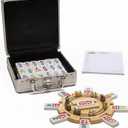 Mexican Train Dominoes Set Double 12 Color with Numbers and Wooden Hub 8 Metal Trains and Aluminum Case