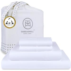 Threadmill Egyptian Cotton Queen Sheet Set | 100% Certified Egyptian Cotton Sheets for Queen Size Bed | Queen Bed Sheets Set with Snug Fit 16" Deep Pocket | Soft Cooling Sateen Bedding Set | White (Bright White Solid)