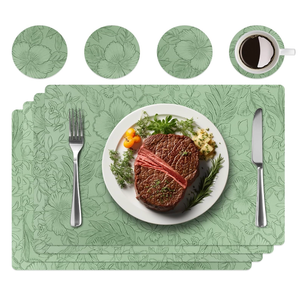 Placemats Set of 4 with 4 Coasters,Carving Floral Design,Non-Slip, Heat Resistant,Washable for Kitchen and Dining Table,Artificial Leather Place Mats (Green)