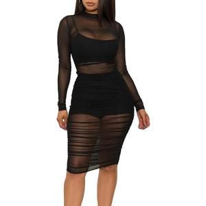 LYANER Women's 3 Piece Outfits Sexy Sheer Mesh Dress Long Sleeve Ruched Bodycon Midi Dress with Cami Shorts
 (Medium, Black)