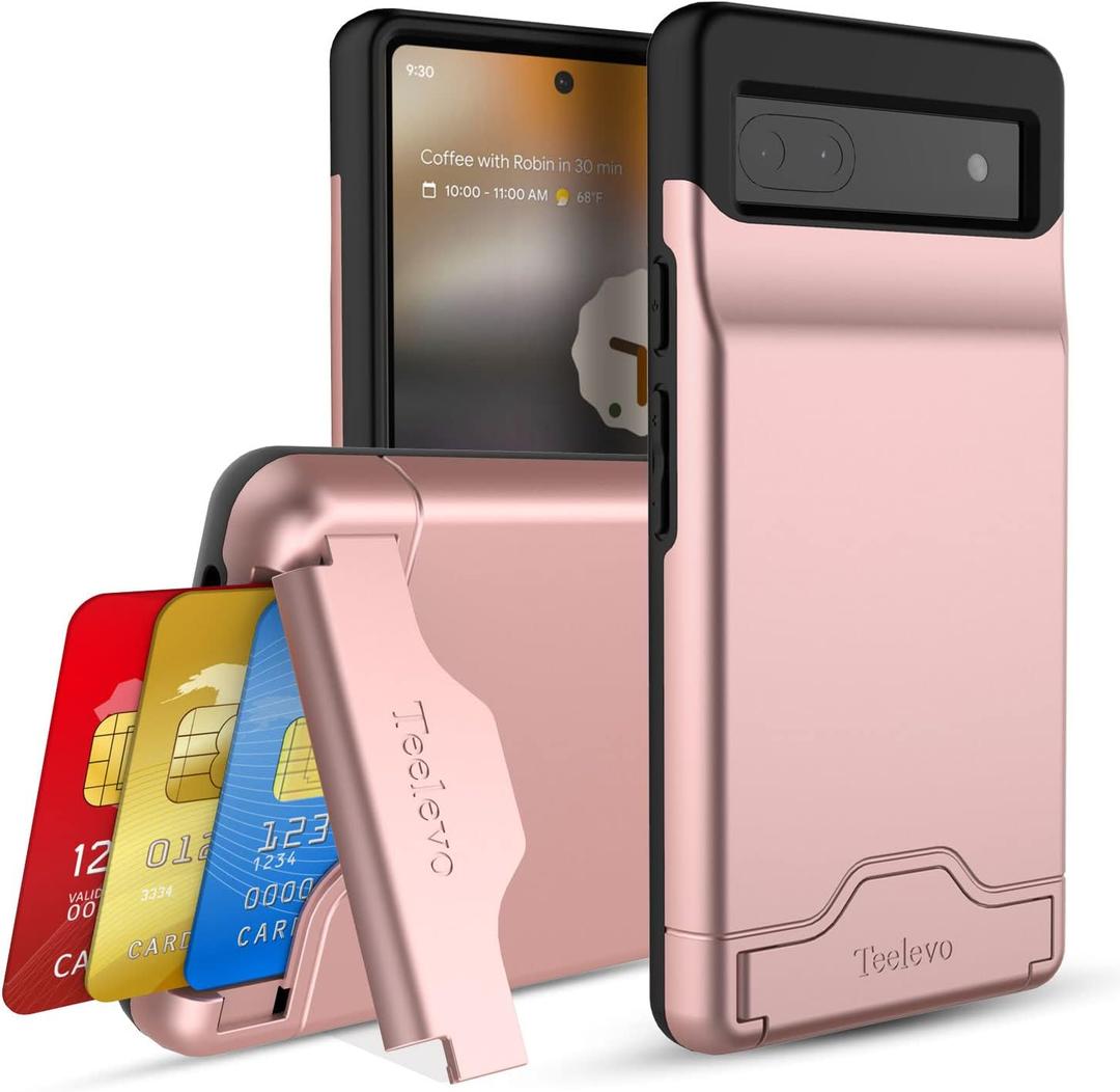 Teelevo Dual Layer Wallet Case for Google Pixel 6a (2022), Protective Case with 3-Card Storage for Google Pixel 6a - Rose Gold