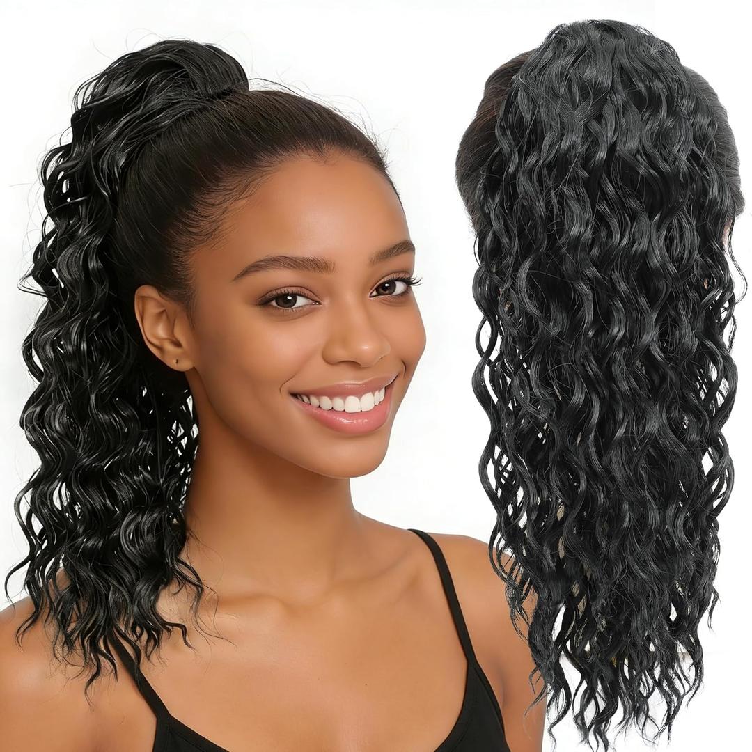 16 Inch Natural Black Water Wave Drawstring Ponytail for Black Women - Synthetic Hairpiece, Curly Wavy Extension, Natural Looking & Secure Hold, Easy to Install for Daily Party Use