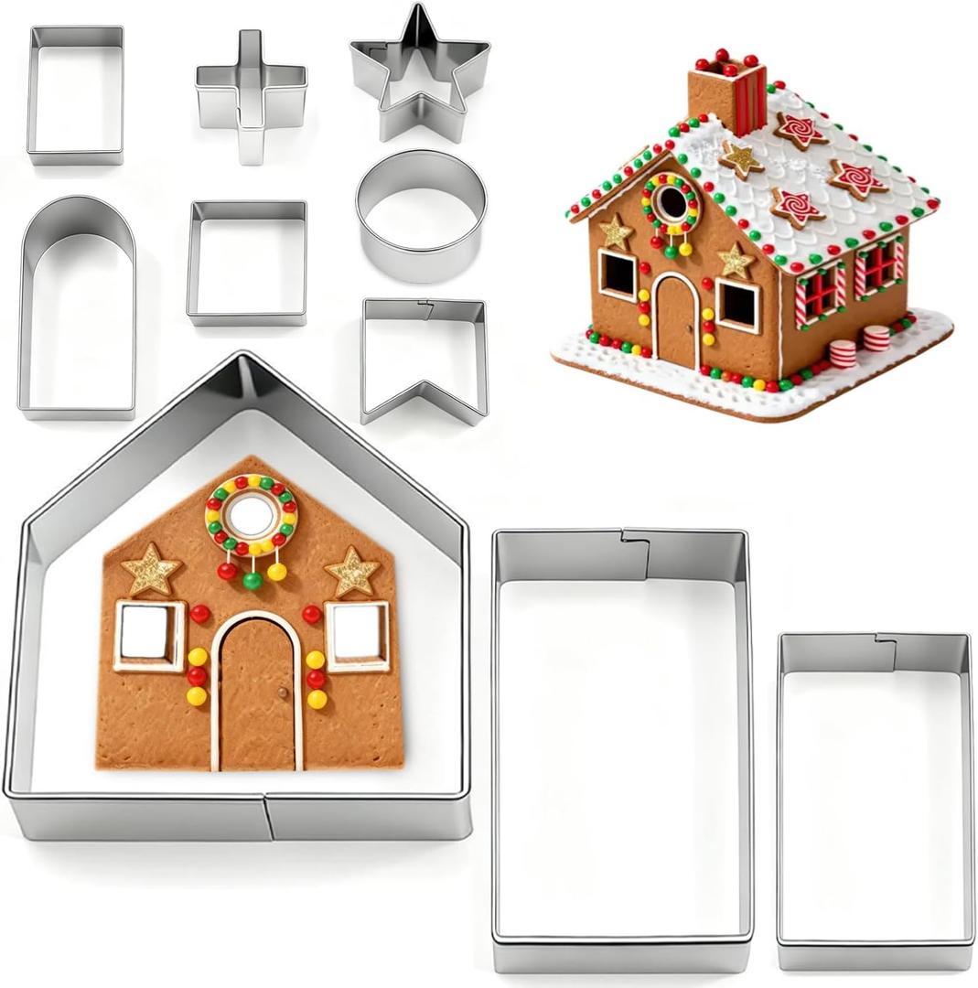 10Pcs Gingerbread House Cookie Cutters Set for Christmas Winter Holiday Baking and Decoration, Stainless Steel 3D Gingerbread House Kit for Kids Adults, Gift Package