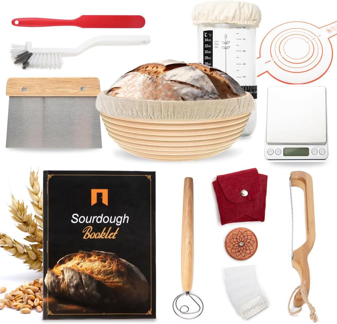 Complete Sourdough Starter Kit  14pc Sourdough Bread Baking Supplies | Banneton Proofing Basket, UFO Bread Lame, Starter Jar, Digital Scale, & More